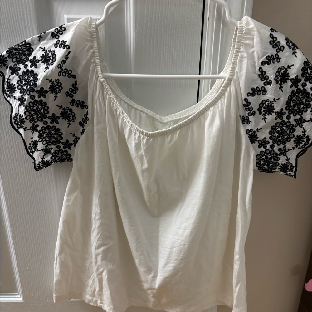 Embroidered White Blouse with Black Floral Sleeves